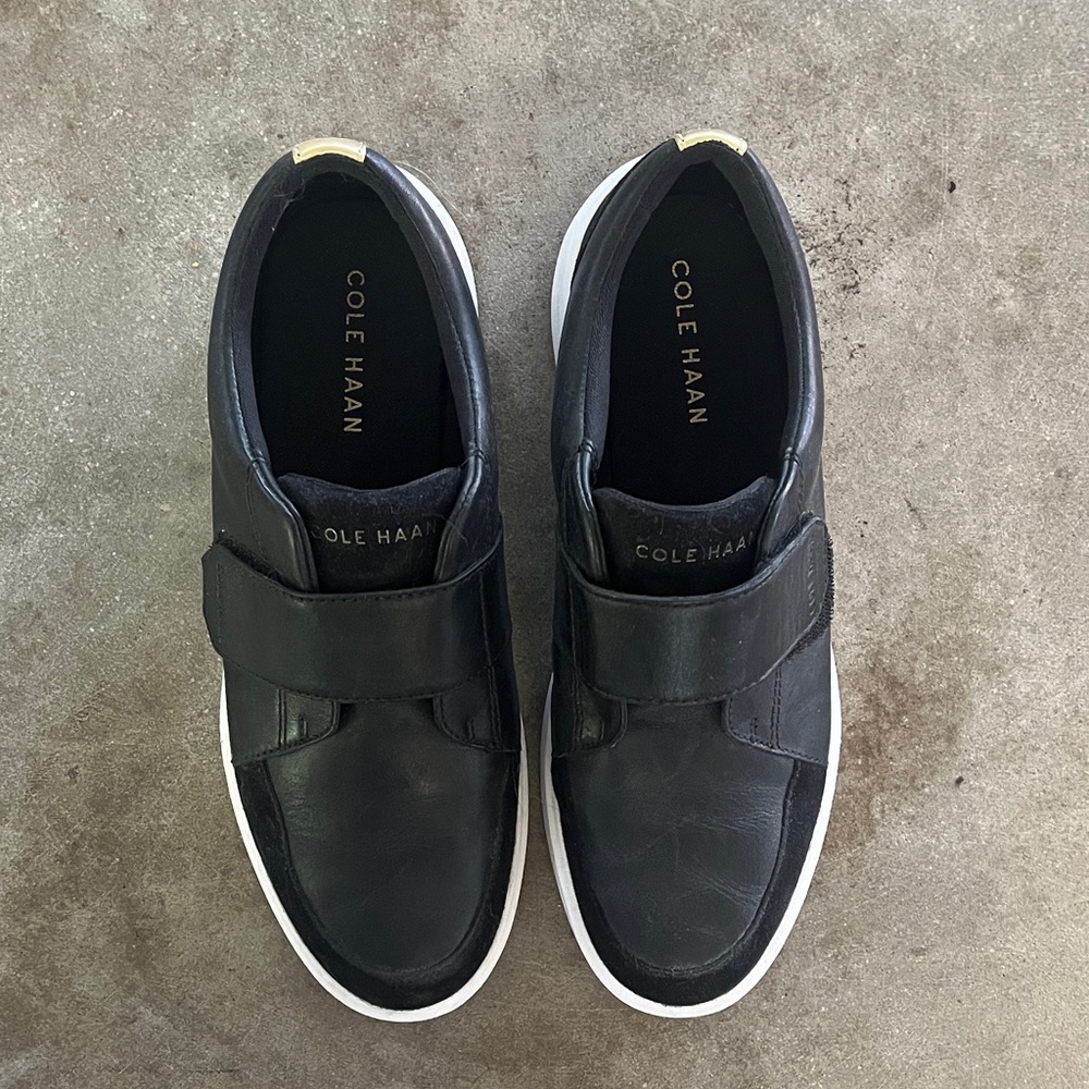 Cole Haan Women’s Black Synthetic Leather Velcro Strap Sneakers with White Sole - Picture 2 of 4
